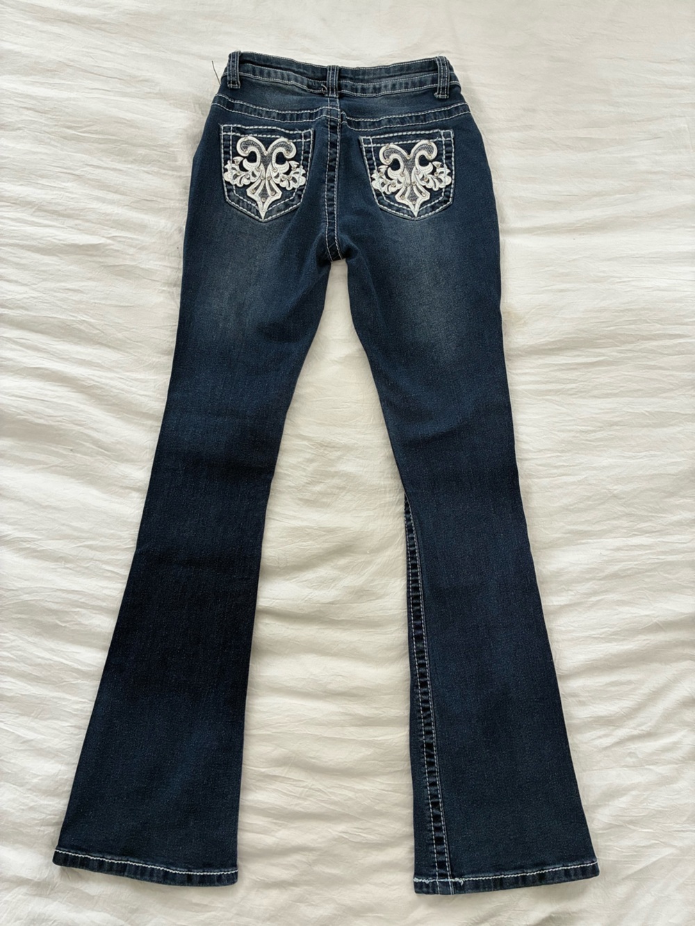 BAMBOO Dark Indigo Flare Jeans with White Embroidered Back Pockets